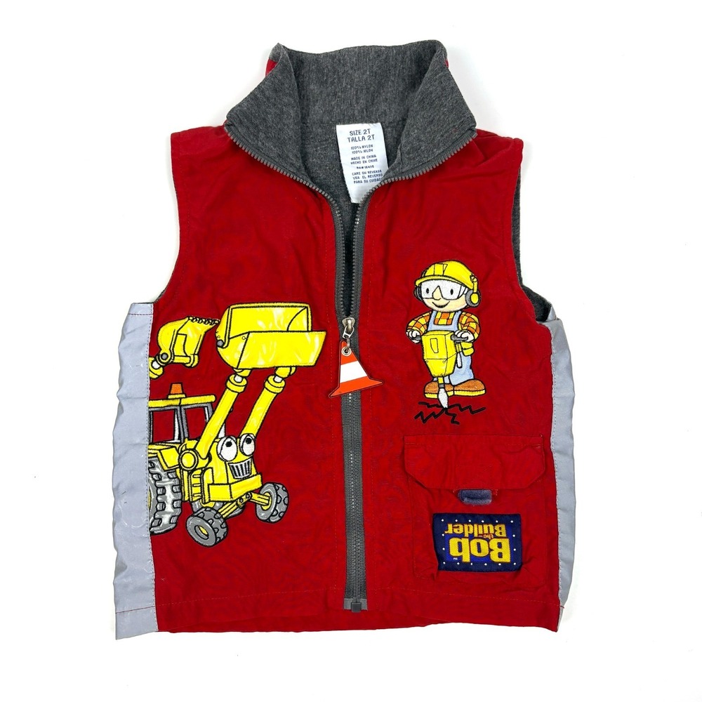 VTG Y2K Bob the Builder Vest Boys Sz 2T Red Lined Scoop the Digger Reflective‎ *